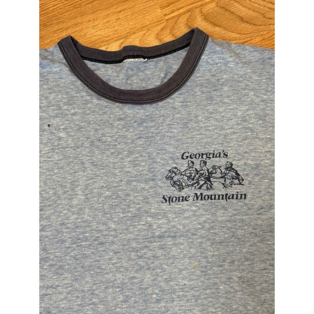 Vintage 70s 80s Georgia Stone Mountain Blue Ringer T-Shirt Thin Thrasher LG